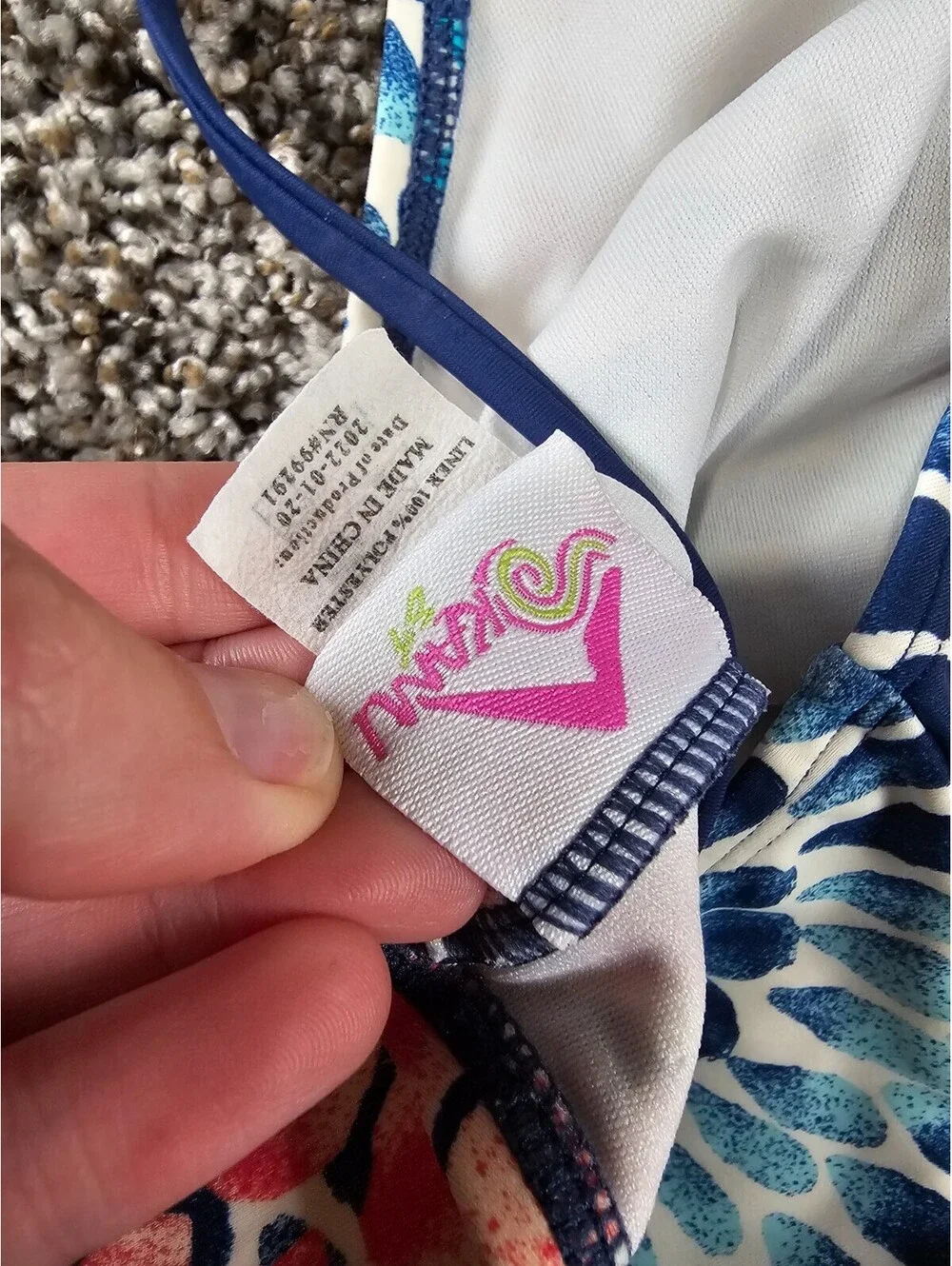 Okami Hawaii Girls Sz 14 One Piece Swimsuit Blue Pink Geometric Floral Print